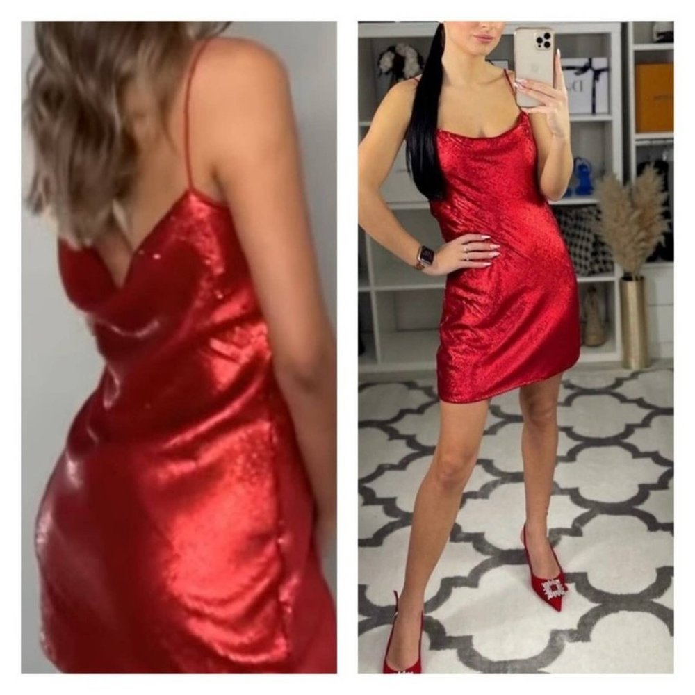 ZARA Draped Back Sequin Mini Dress S Red